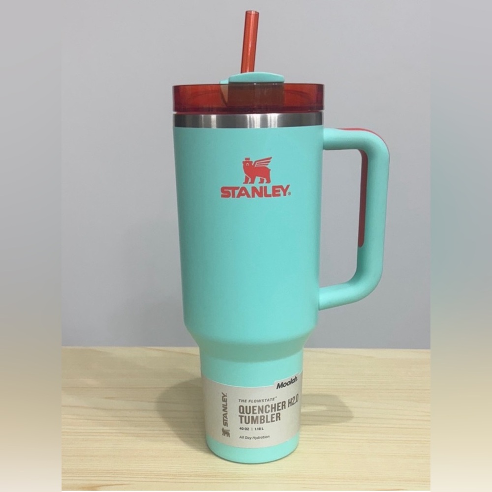 Stanley Teal Tumbler with Red Lid and Handle
